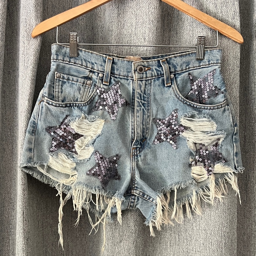 Furst of a Kind Star-Studded Distressed Denim Shorts